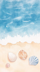 A serene watercolor depiction of seashells on a sandy beach with gentle waves and a bright blue sky.