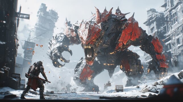 Fototapeta Epic Confrontation:  Giant Monster vs. Warrior in a Snowy, Post-Apocalyptic City