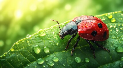 Fototapeta premium Close-up of a vibrant ladybug resting on a dew-covered green leaf, with sunlight glimmering in the background