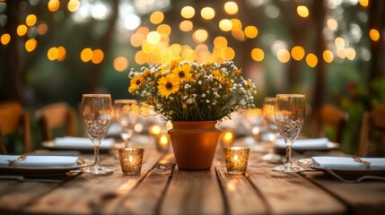 Rustic outdoor table setting with sunflowers and candles