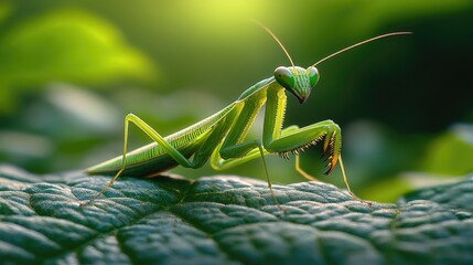 Close-up of a vibrant green praying mantis perched on a textured leaf in soft golden sunlight