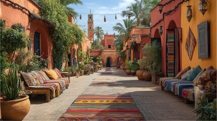 Fototapeta premium Vibrant marketplace street in a Moroccan village showcasing colorful textiles, lush greenery, and traditional architecture
