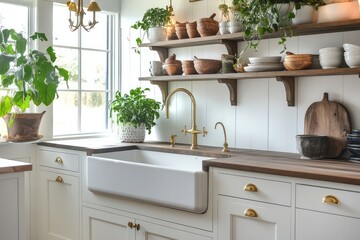 Fototapeta premium A farmhouse-inspired kitchen featuring a large farmhouse sink, white cabinetry with brass hardware, and open shelving displaying rustic crockery and