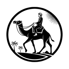 Desert Traveler on Camel with Palm Trees Silhouette.  Camel Rider in Desert