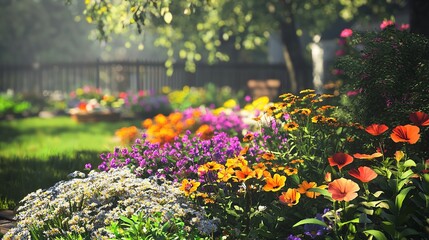 A garden bursting with colorful flowers in full bloom