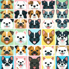 Group of sitting dogs in different breeds.Running, standing, sniffing, jumping dogs. Isolated on a white background.