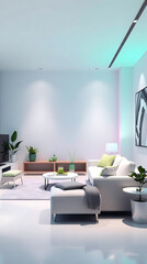 minimalist living room interior mockup, modern furniture and greenly decorative, white sofa and armchair, created by generative ai