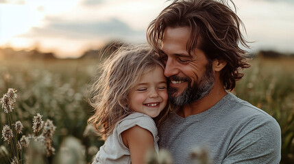 Obraz premium A young daughter hugs her father, sharing a joyful, tender moment in a field during sunset, their smiles full of warmth and love. Happy family.