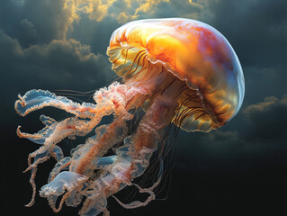 Golden jellyfish swim in fantacy world. 