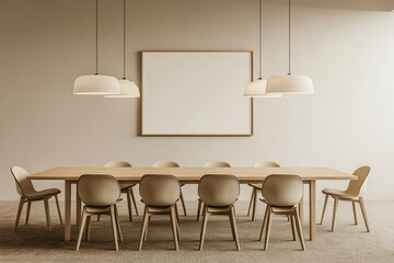Beige conference room mockup with empty poster