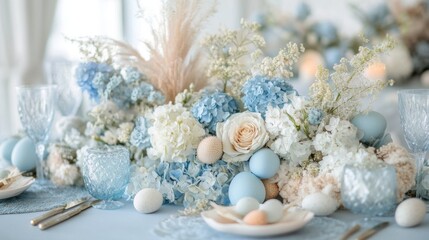 Obraz premium Elegant Easter Table Setting With Pastel Blue Flowers And Eggs