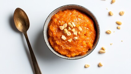 Creamy orange sweet dish topped with peanuts
