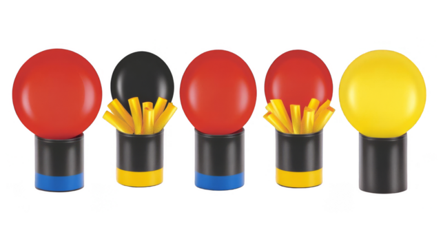 3D Illustration Of Colorful Spheres With Fries Shape Isolated On Transparent Background Abstract Object Design In Red Yellow Blue And Black With Bright Lighting