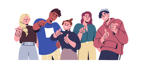 Happy people point at you. Smiling male and female characters group showing, choosing, picking, pointing with hand gesture, inviting finger sign. Flat vector illustration isolated on white background