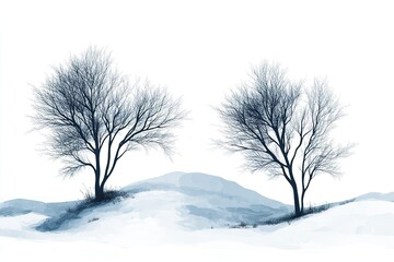 Fototapeta premium Two silhouette trees on snowy hills against a white background