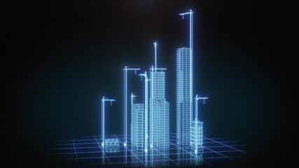 Buildings Construction Hologram 3d Animation Time Lapse. Cranes Working Time-lapse Blueprint Illustration. Growing Abstract City Street Dark Blue Digital Light Project. Business Technology Concept 4k. - Powered by Adobe