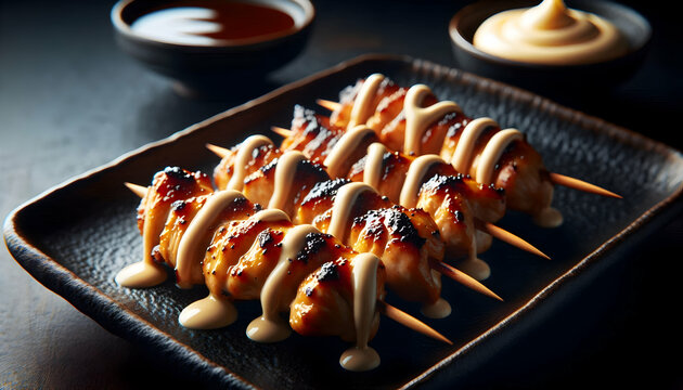 Japanese Food A side view of four skewers of yakitori on a black plate, emphasizing the textures of the grilled ch3