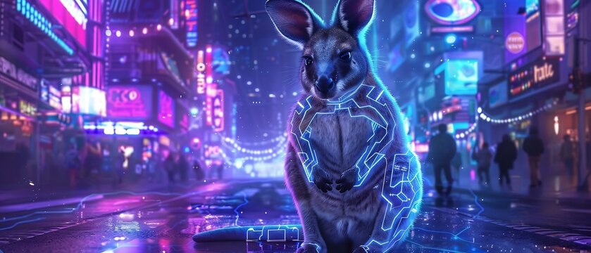 Futuristic cyberpunk style depiction of tammar wallaby in neon city streets glowing circuit like fur deep blue and purple tones sci fi concept art