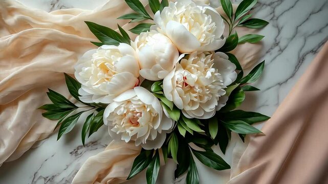 A bunch of blooming white peonies represents elegance, freshness, and natural beauty often used in floral arrangements or weddings.
