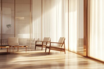 Modern waiting area with sunlight streaming through large windows