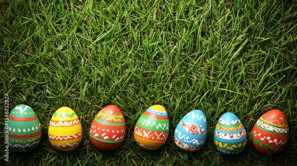 Poster vibrant row of easter eggs decorated with intricate patterns arranged on green grass creating colorf