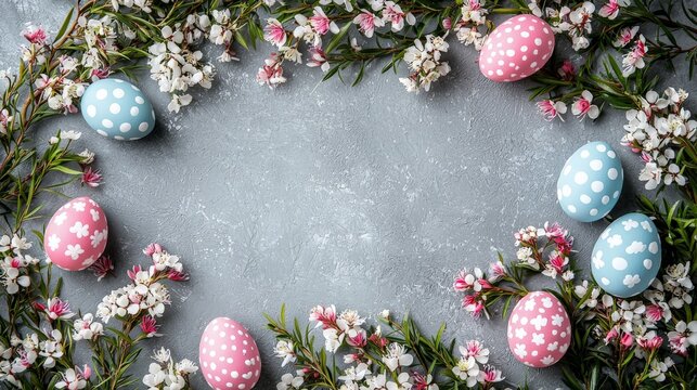 Decorative Easter wreath with pastel colored eggs and fresh green leaves arranged on rustic gray background for elegant festive holiday display