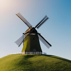 Fototapeta premium Traditional Windmill Standing on a Rolling Green Landscape Under Blue Sky