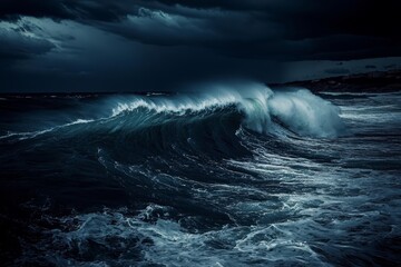 A fierce storm brews over the dark ocean at night.