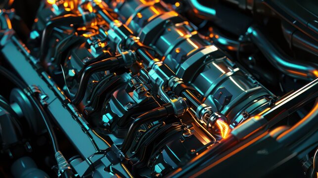 A close-up of a car engine with visible spark plugs and wires.