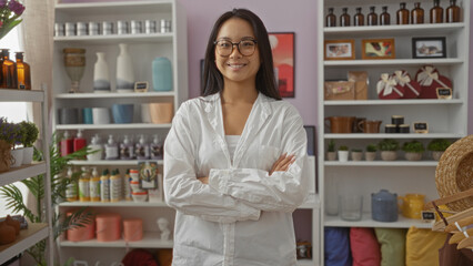 Woman in a home decor shop stands confidently with arms crossed, wearing glasses and a white shirt, surrounded by vibrant decorations and plants on shelves.