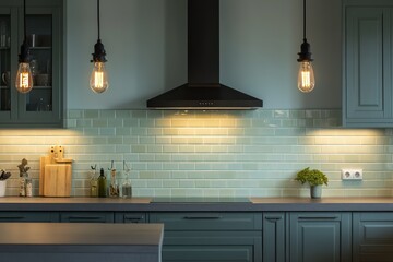 A kitchen with a subway tile backsplash in shades of pale green, complemented by a soft gray countertop, dark cabinetry,