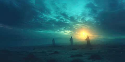 Three Wise Men walking through desert under starry night sky, following the bright Star of Bethlehem, symbolizing spiritual journey, faith, guidance, and Christmas nativity tradition