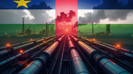 Oil pipelines leading to a refinery, overlaid with the Central African Republic flag. A concept of energy industry, fuel production, and economic power.