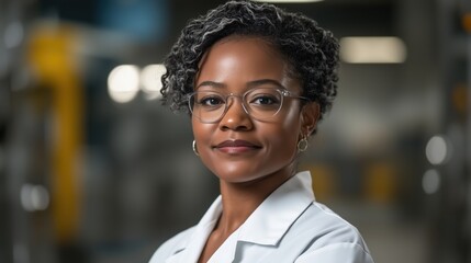 Obraz premium Confident female scientist in a laboratory wearing a white coat and glasses. research and innovation