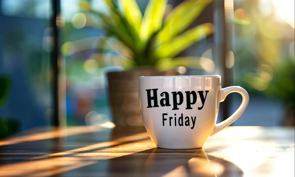 happy friday coffee cup stand on table on sunny day animation