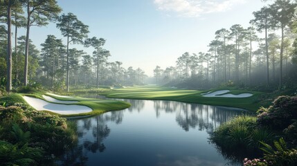 Fototapeta premium Tranquil golf course landscape, serene morning light