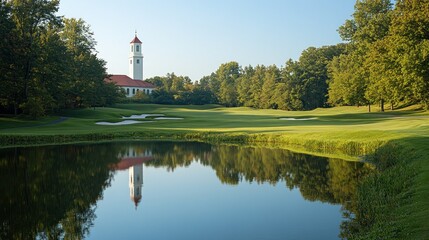 Obraz premium Tranquil golf course with reflecting pond and clubhouse
