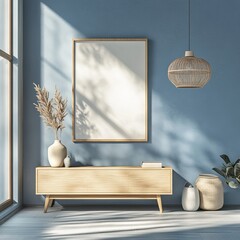 Modern, light-filled living room with display artwork