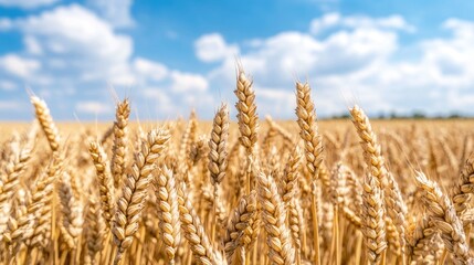 Fototapeta premium Golden wheat grains stand tall against a vibrant blue sky, showcasing nature's beauty in a calm, serene environment