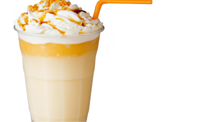 Delicious Caramel Smoothie Photo With Transparent Background in a Cup With Whipped Cream, Yellow Drink, Orange Straw and Isolated