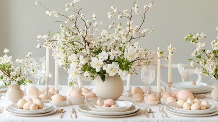 Elegant Easter Table Setting With White Blossoms And Eggs