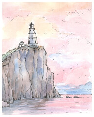 Watercolor sketch of a lighthouse on a cliff. Isolated image on a white background.