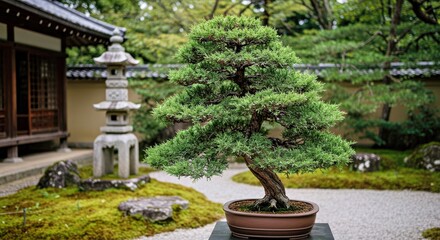 A Juniper Bonsai in a Cascade Style, Displayed Within a Traditional Japanese Temple Garden Courtyard