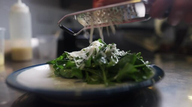 Close up view of a chef sprinkling grated cheese over a mix of lettuce in a restaurant cuisne