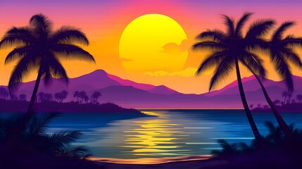 Obraz premium Beautiful beach scene with palm trees and setting sun over water