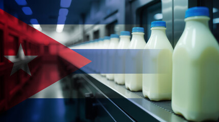 Milk production in the Cuba. A conveyor with bottles of milk symbolizes dairy industry, agriculture, and food supply chain. National economy concept.