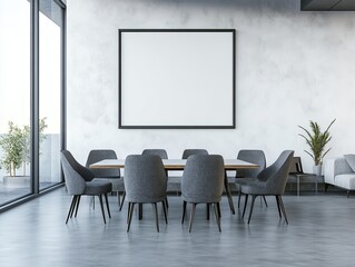 Modern dining room with blank framed art, view of balcony