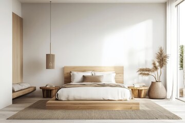 Modern bedroom backdrop featuring stunning furnishings and wooden accents. 