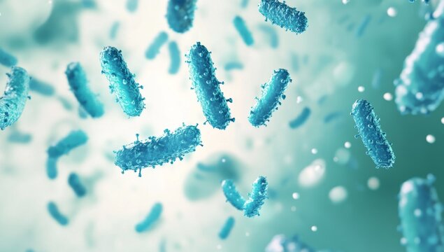 Microscopic view of bacteria.  Various rod-shaped bacteria suspended in a light-green background.  3D rendering of  microorganisms