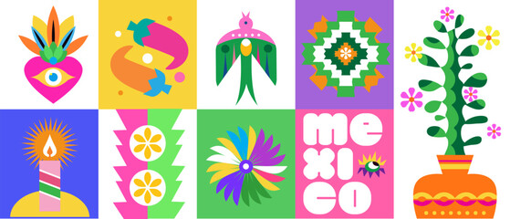 Viva  Mexico - template art poster mexican  background  Sea, palm tree, Pattern,  Flower, cactus, guitar, sombrero